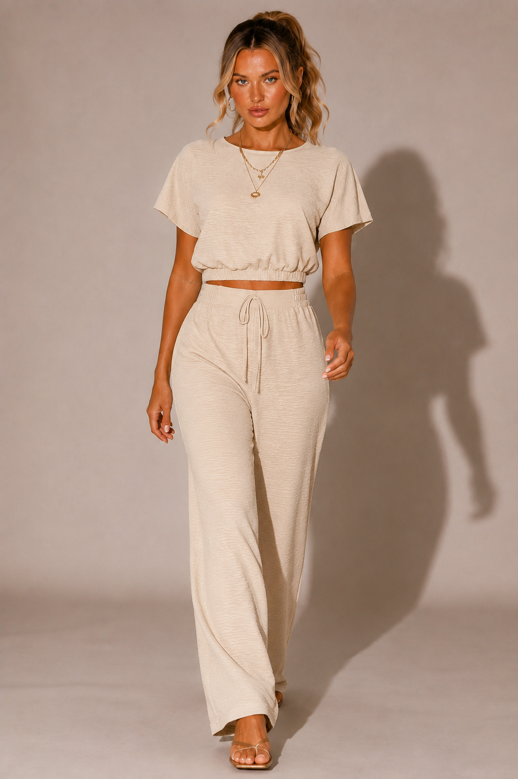 NOVA | Women's Two Piece Lounge Set Linen | Crop Top & Wide Leg Trousers Summer Co-Ord Outfit