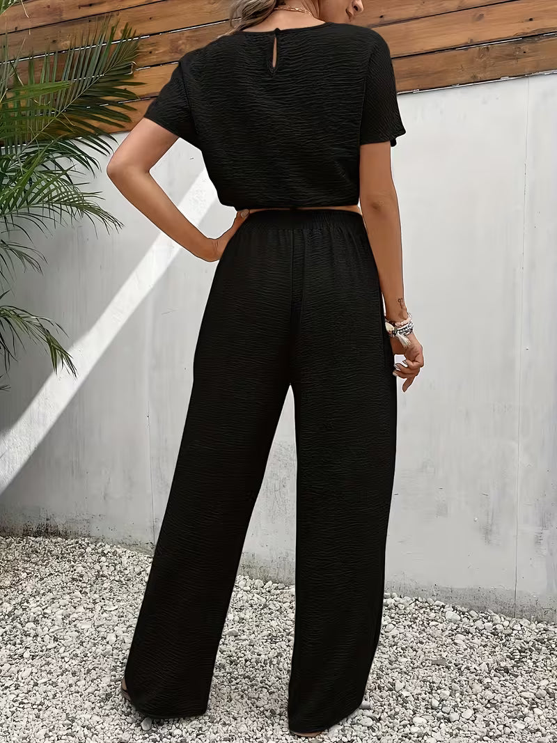 NOVA | Women's Two Piece Lounge Set Linen | Crop Top & Wide Leg Trousers Summer Co-Ord Outfit