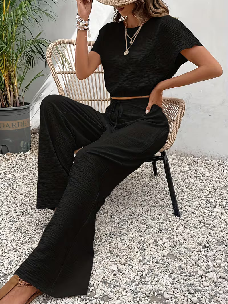 NOVA | Women's Two Piece Lounge Set Linen | Crop Top & Wide Leg Trousers Summer Co-Ord Outfit