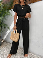 NOVA | Women's Two Piece Lounge Set Linen | Crop Top & Wide Leg Trousers Summer Co-Ord Outfit