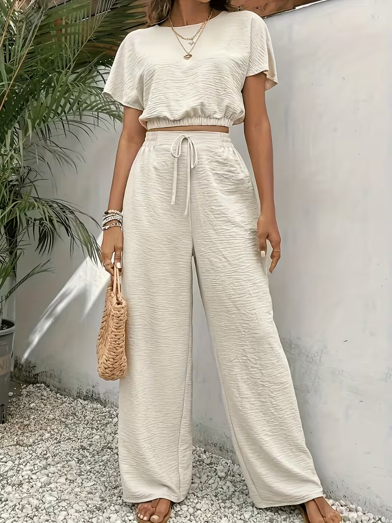 NOVA | Women's Two Piece Lounge Set Linen | Crop Top & Wide Leg Trousers Summer Co-Ord Outfit