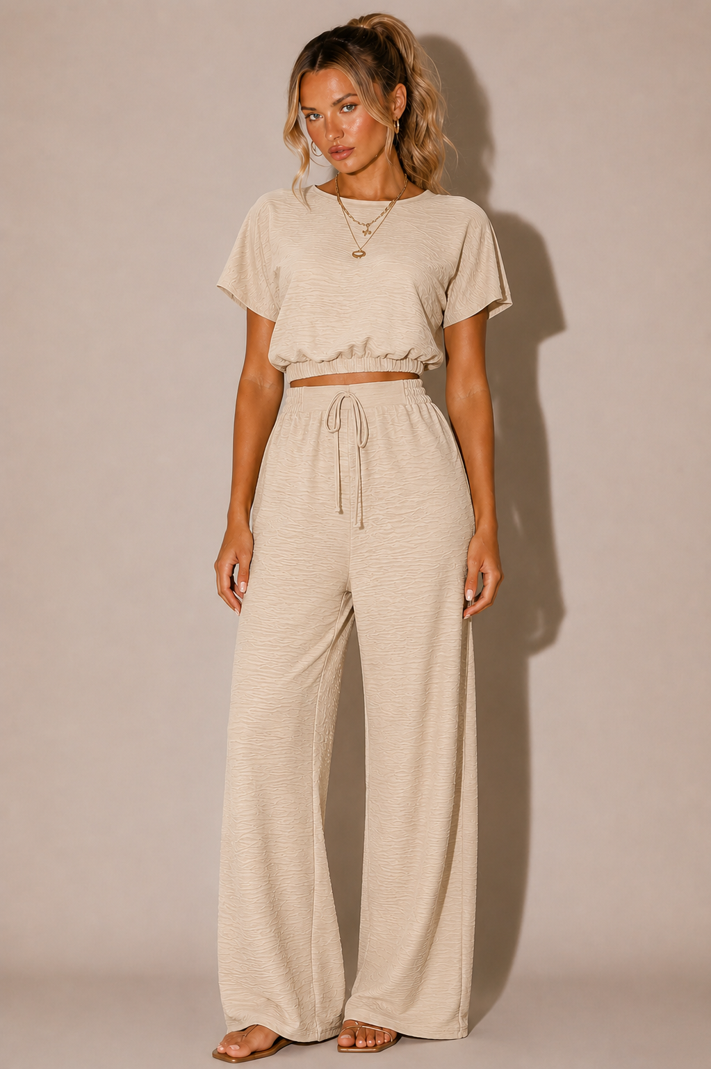 NOVA | Women's Two Piece Lounge Set Linen | Crop Top & Wide Leg Trousers Summer Co-Ord Outfit