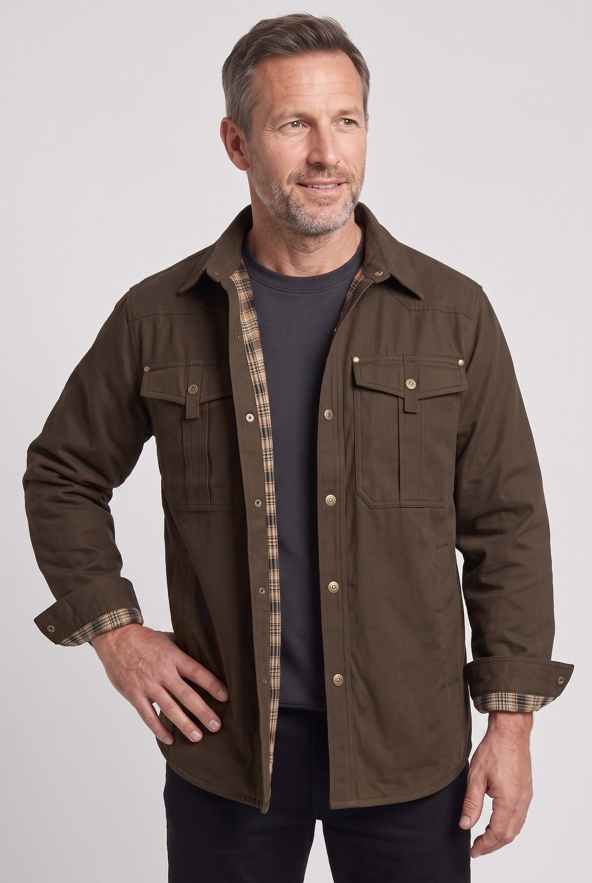 Shackets with Streamlined Utility Jacket and Flannel Lining - Image 10