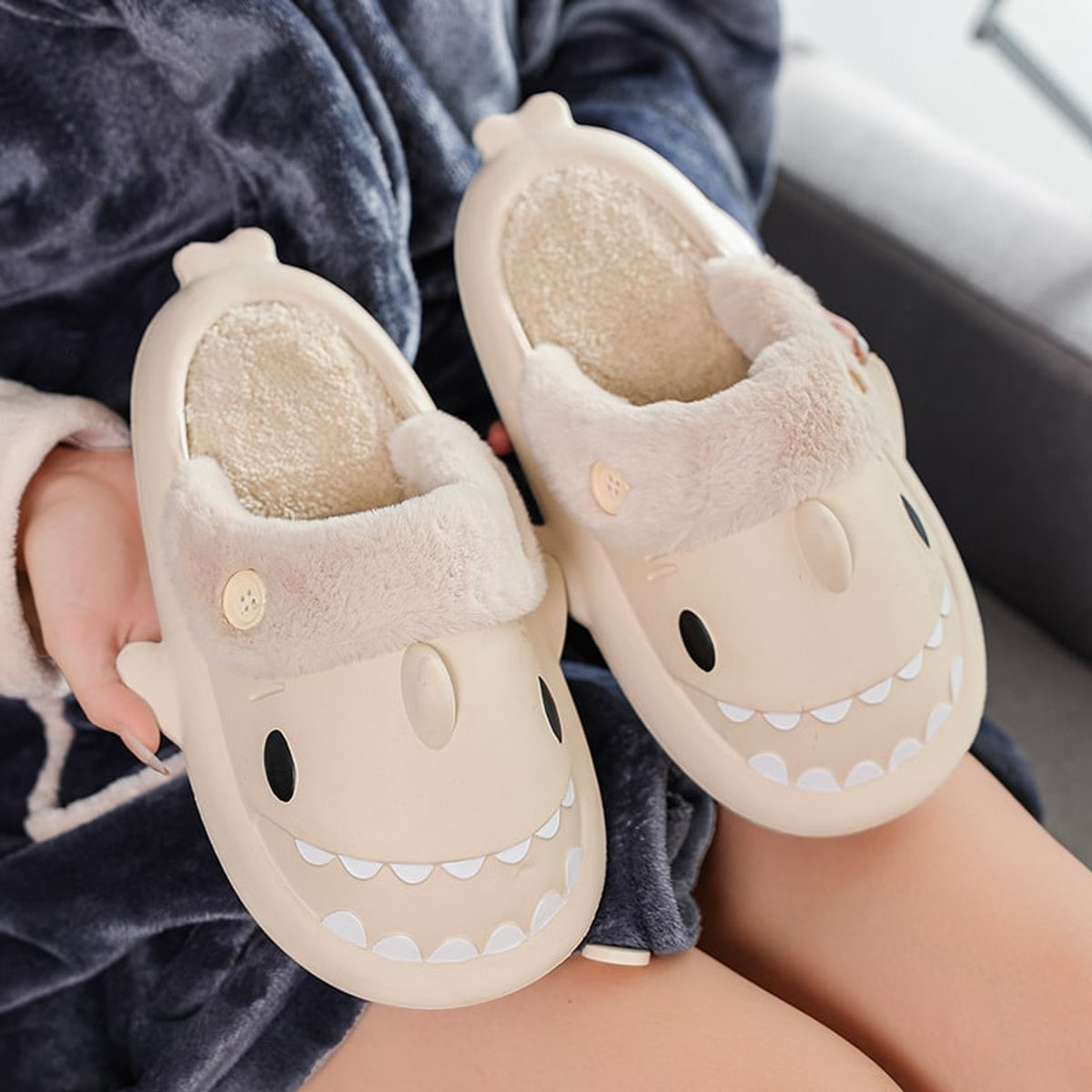 Shark Slippers with Warm Slip-On Design and Button-Front - Image 6