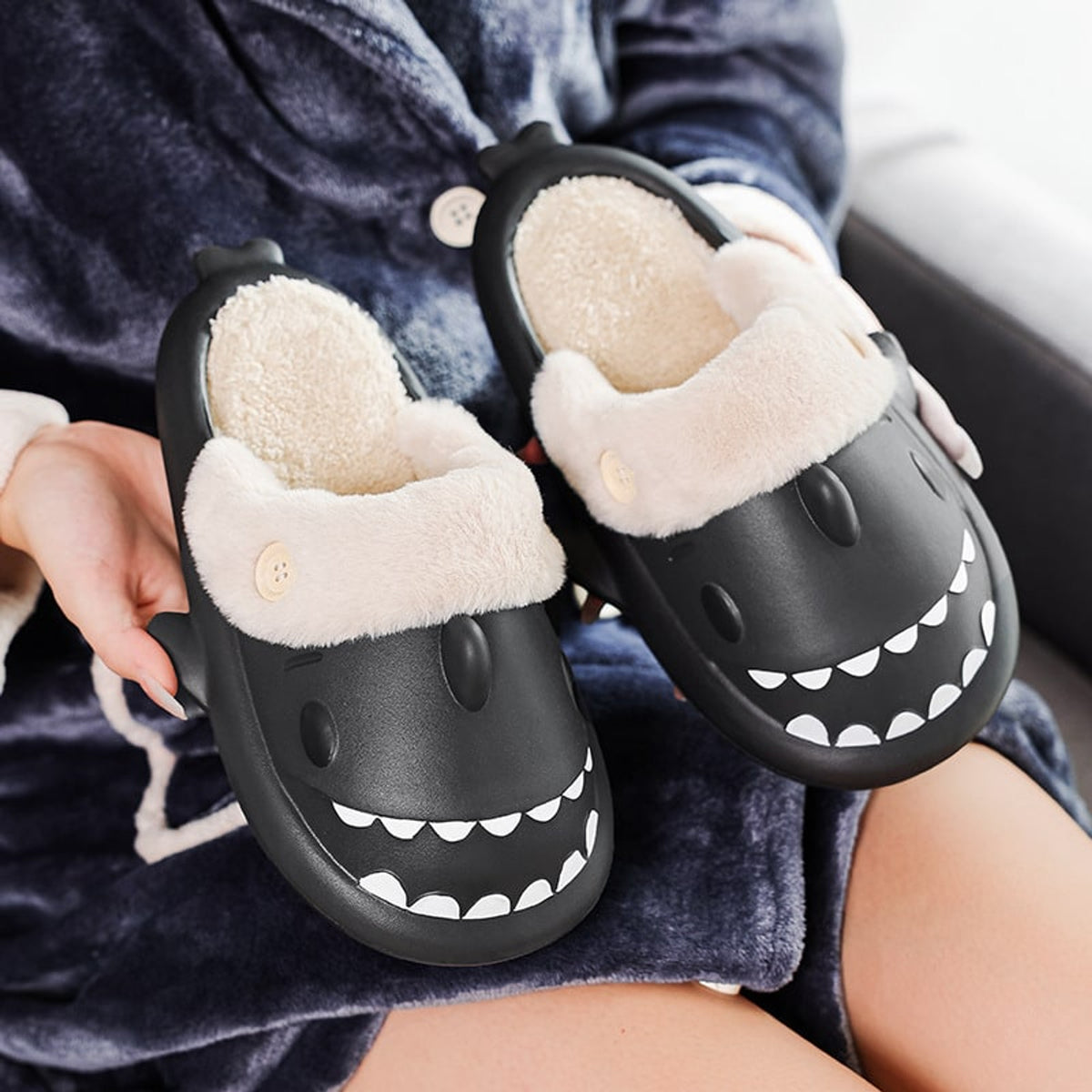 Shark Slippers with Warm Slip-On Design and Button-Front - Image 8