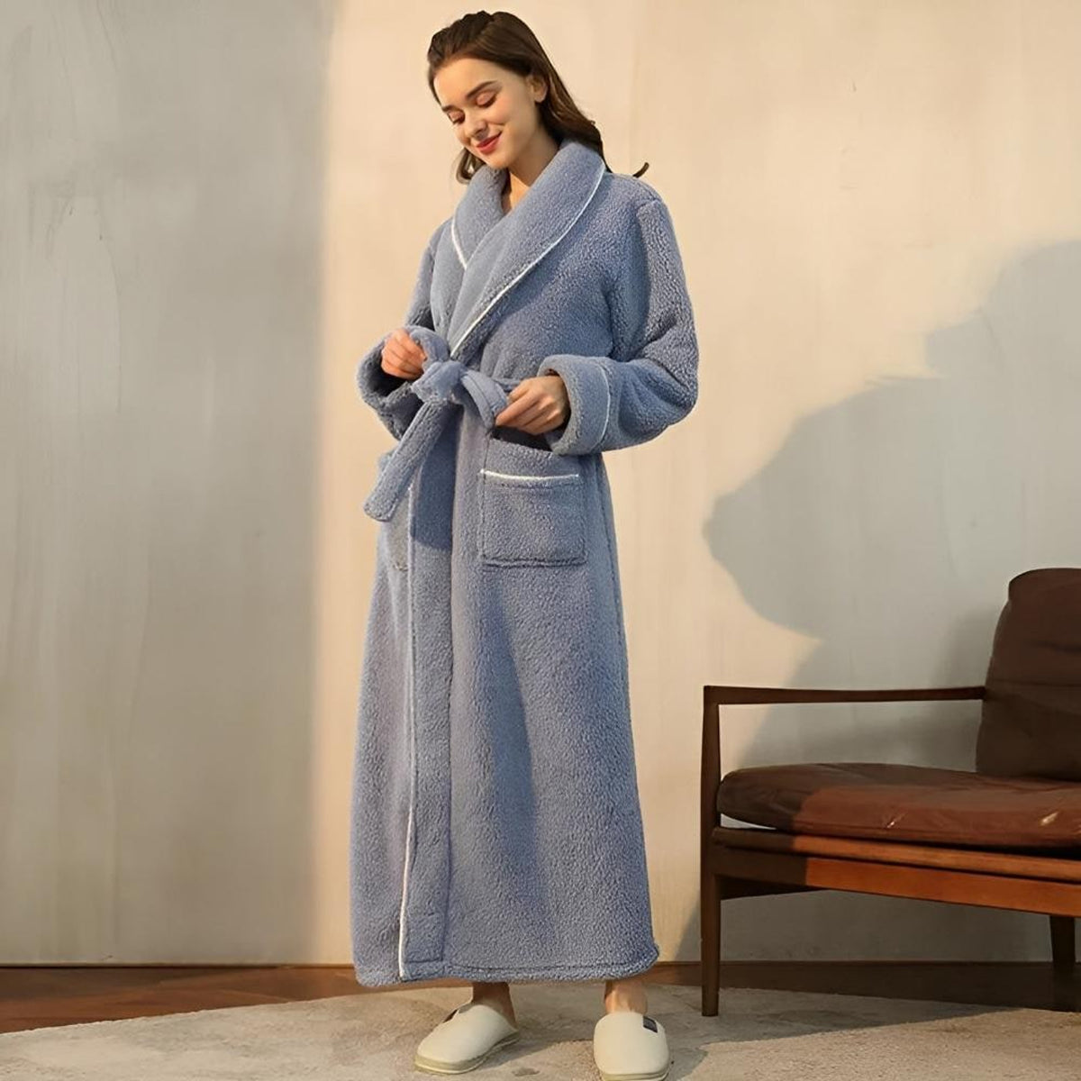 Sherpa Comfort Bathrobe With Shawl Collar And Pockets - Image 2