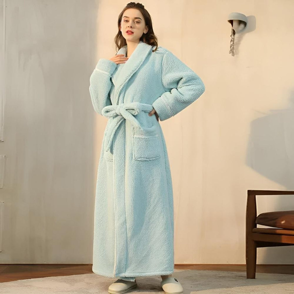 Sherpa Comfort Bathrobe With Shawl Collar And Pockets - Image 4