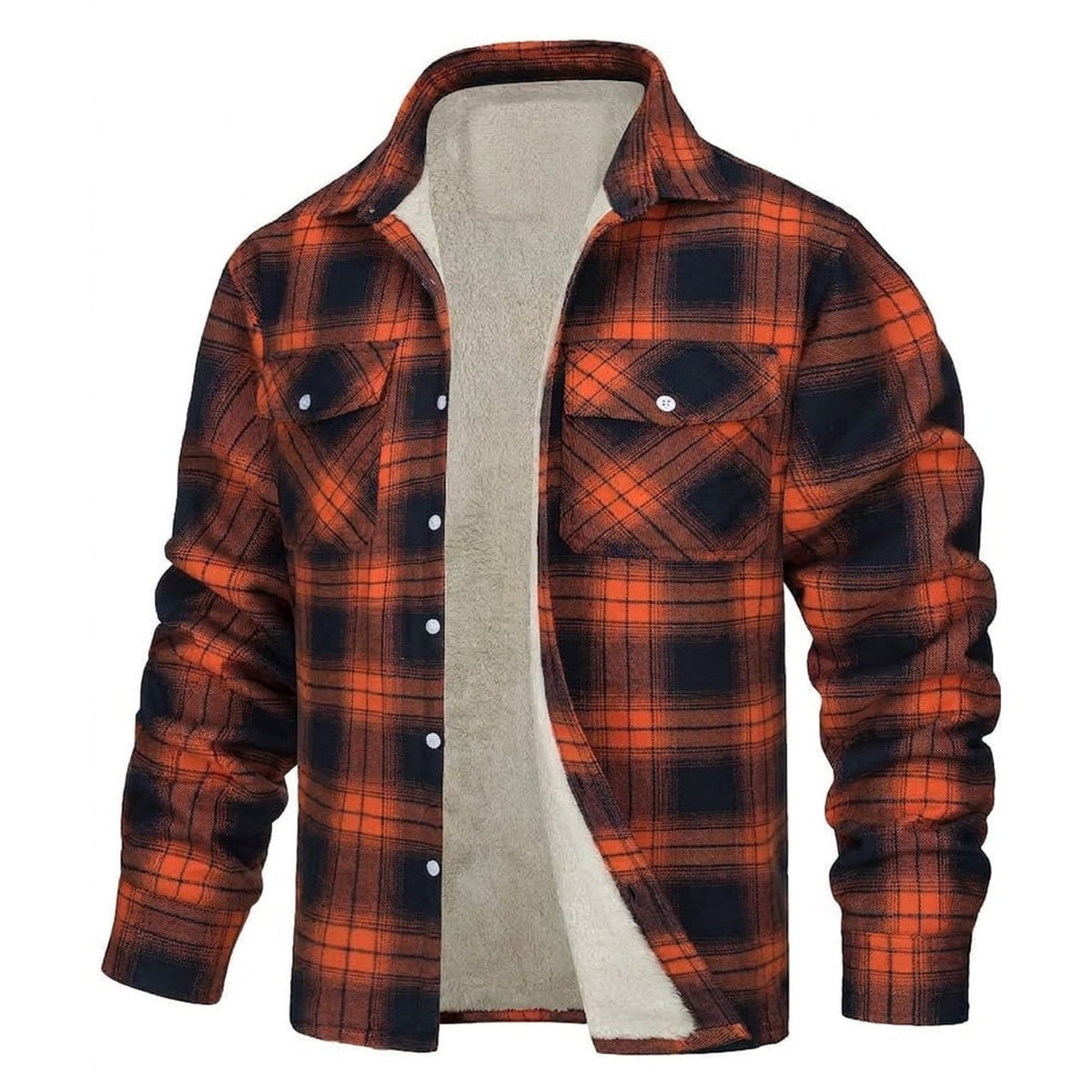 Sherpa Lined Casual Shirt Jacket with Flannel Plaid and Pockets - Image 1