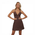 NOVA | Robe mini marron à pois à col licou pour femmes – Robe de fête d’été à décolleté plongeant