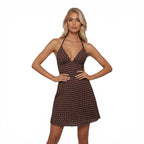 NOVA | Robe mini marron à pois à col licou pour femmes – Robe de fête d’été à décolleté plongeant