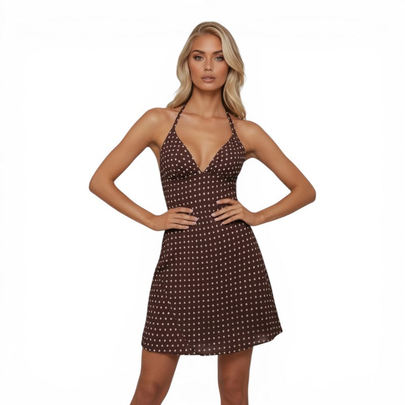 NOVA | Women’s Brown Polka Dot Halter Mini Dress – Deep V Neck Summer Party Dress
