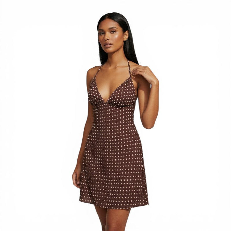 NOVA | Women’s Brown Polka Dot Halter Mini Dress – Deep V Neck Summer Party Dress