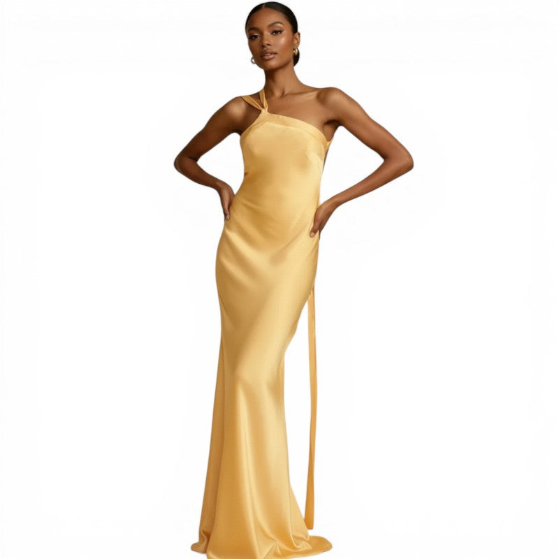 NOVA | Wedding Guest Maxi Dress- Satin One Shoulder Formal Dress in Yellow