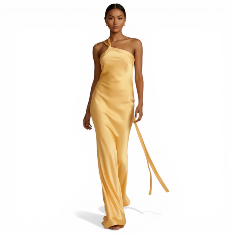NOVA | Robe maxi pour invitées de mariage – Robe formelle en satin une épaule jaune