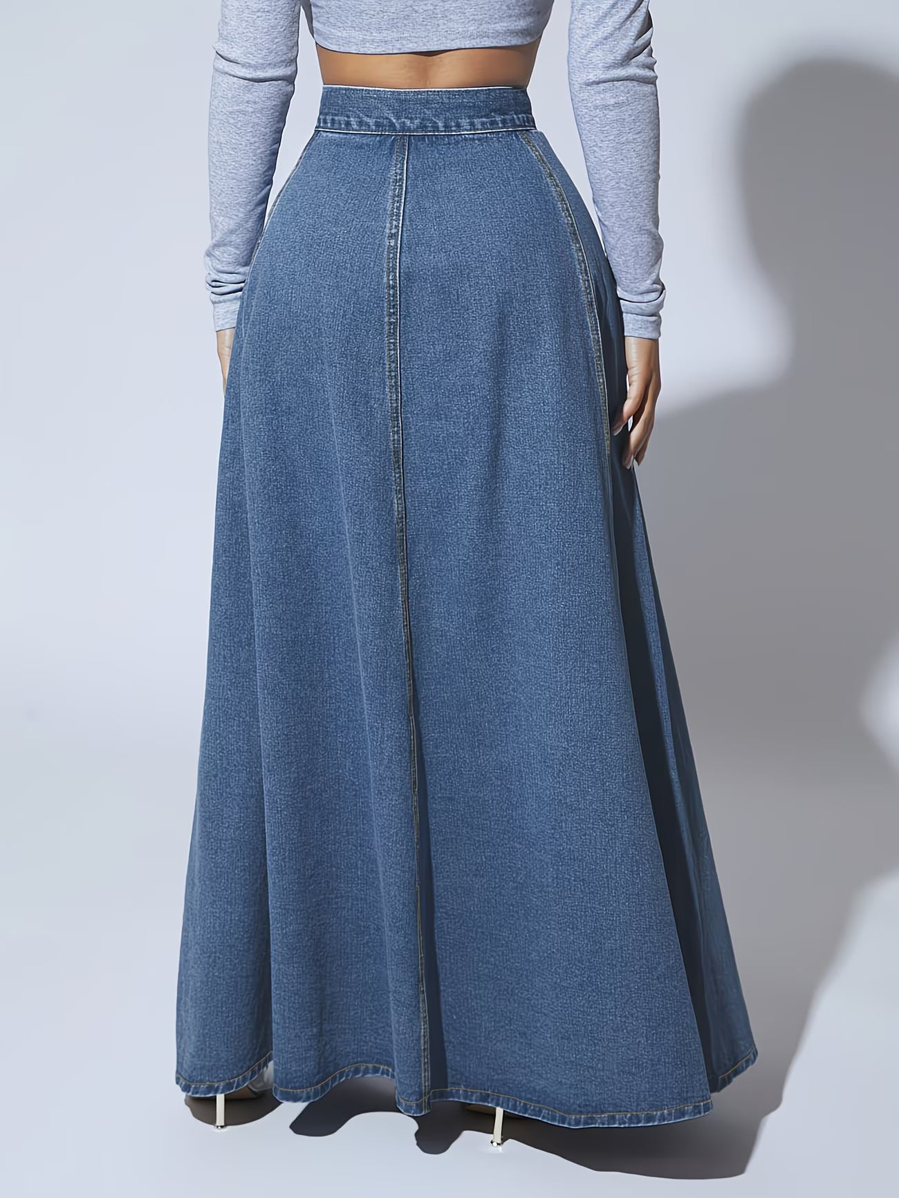 NOVA | Women’s High Waisted Denim Maxi Skirt – A-Line Long Jean Skirt with Button Front