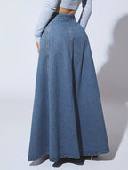 NOVA | Women’s High Waisted Denim Maxi Skirt – A-Line Long Jean Skirt with Button Front