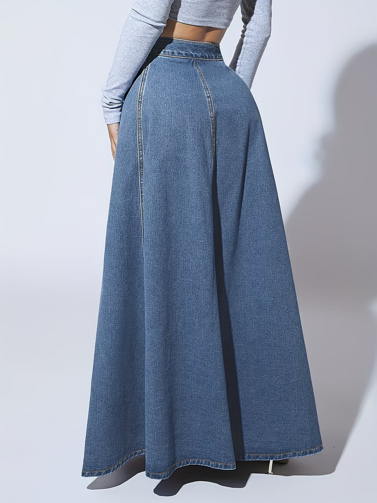 NOVA | Women’s High Waisted Denim Maxi Skirt – A-Line Long Jean Skirt with Button Front