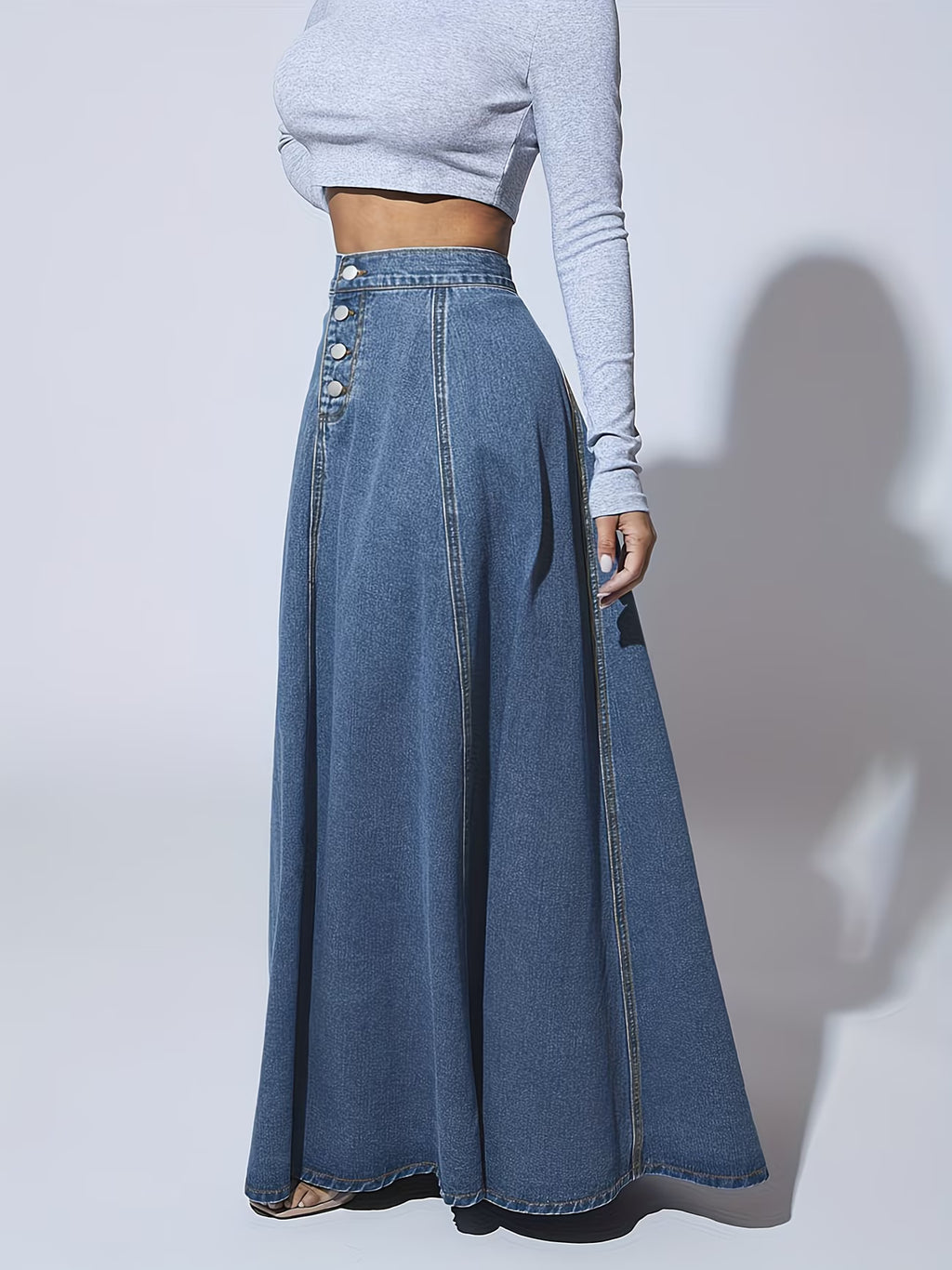 NOVA | Women’s High Waisted Denim Maxi Skirt – A-Line Long Jean Skirt with Button Front