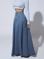 NOVA | Women’s High Waisted Denim Maxi Skirt – A-Line Long Jean Skirt with Button Front