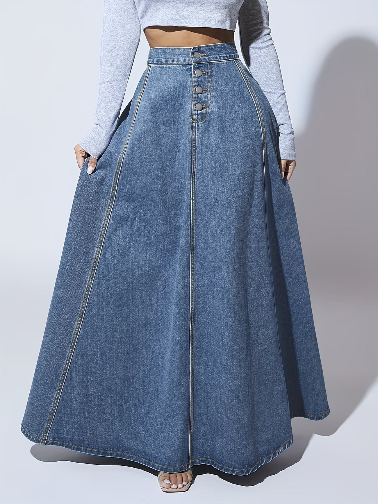 NOVA | Women’s High Waisted Denim Maxi Skirt – A-Line Long Jean Skirt with Button Front
