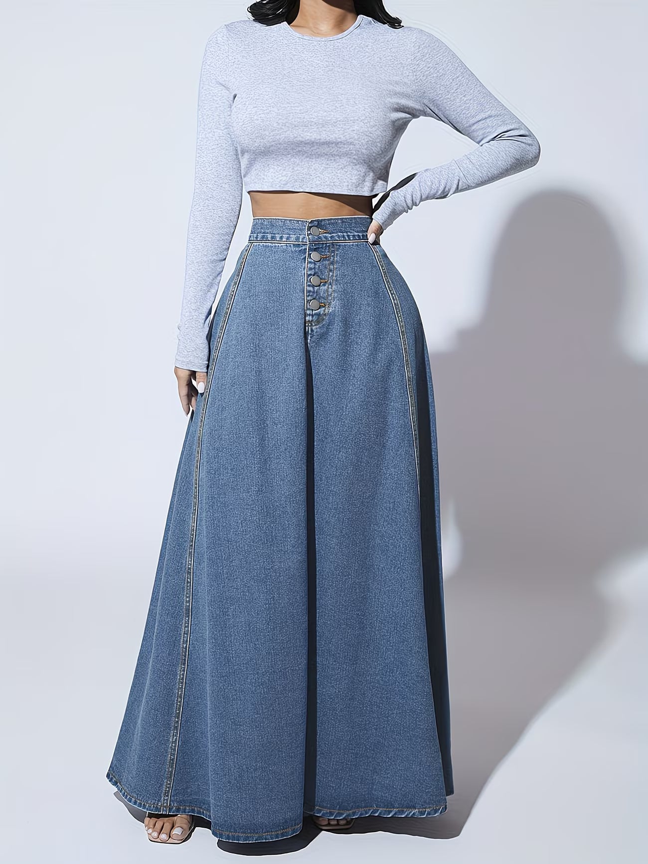 NOVA | Women’s High Waisted Denim Maxi Skirt – A-Line Long Jean Skirt with Button Front