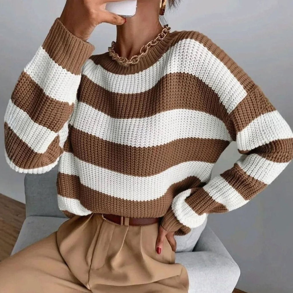Striped Knit Sweater with Relaxed Crewneck and Pattern - Image 1