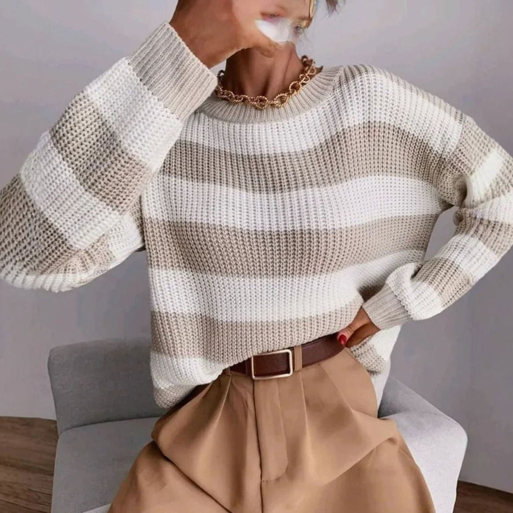 Striped Knit Sweater with Relaxed Crewneck and Pattern - Image 2
