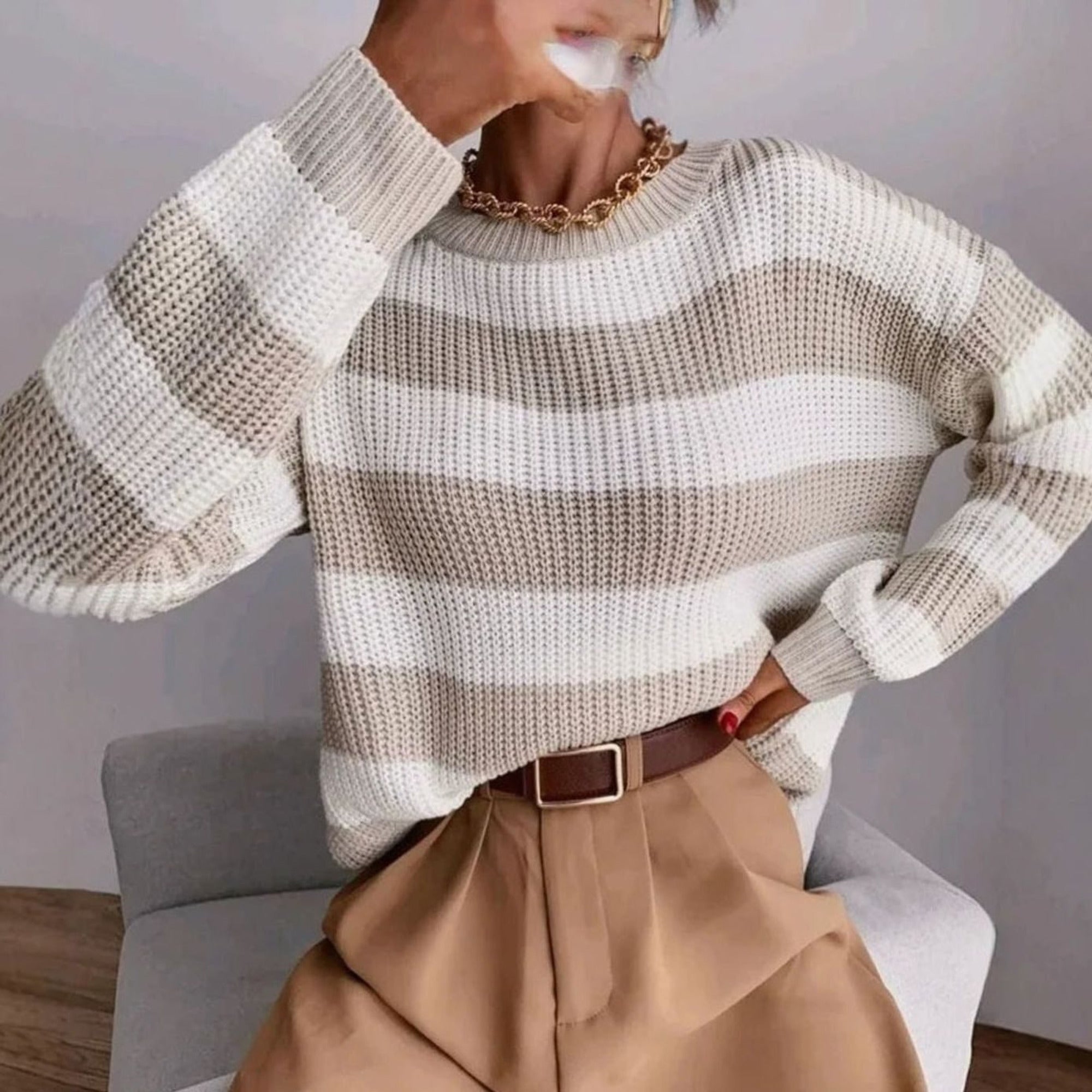 Striped Knit Sweater with Relaxed Crewneck and Pattern - Image 2