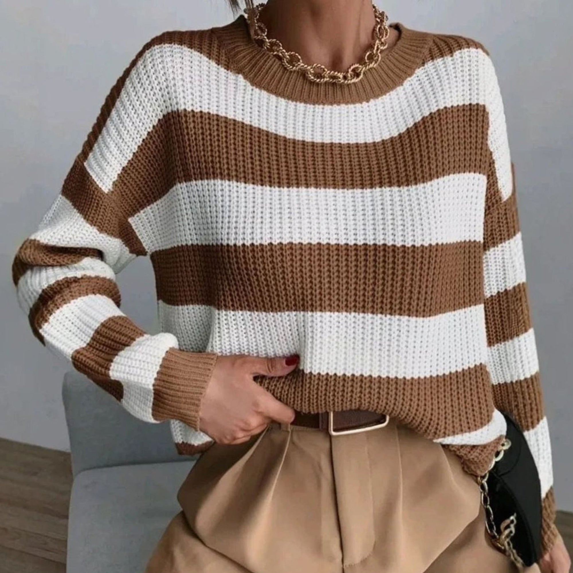 Striped Knit Sweater with Relaxed Crewneck and Pattern - Image 3