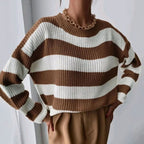 Striped Knit Sweater with Relaxed Crewneck and Pattern - Image 4