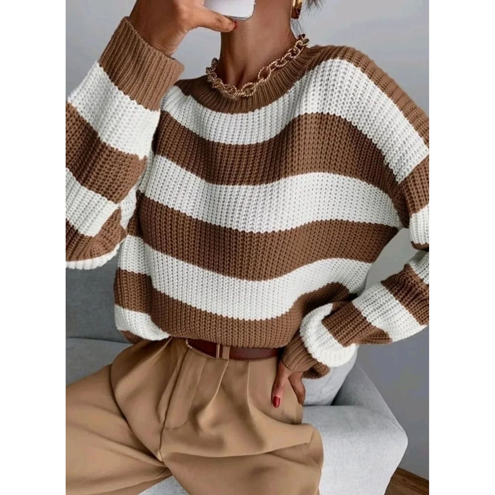 Striped Knit Sweater with Relaxed Crewneck and Pattern - Image 5