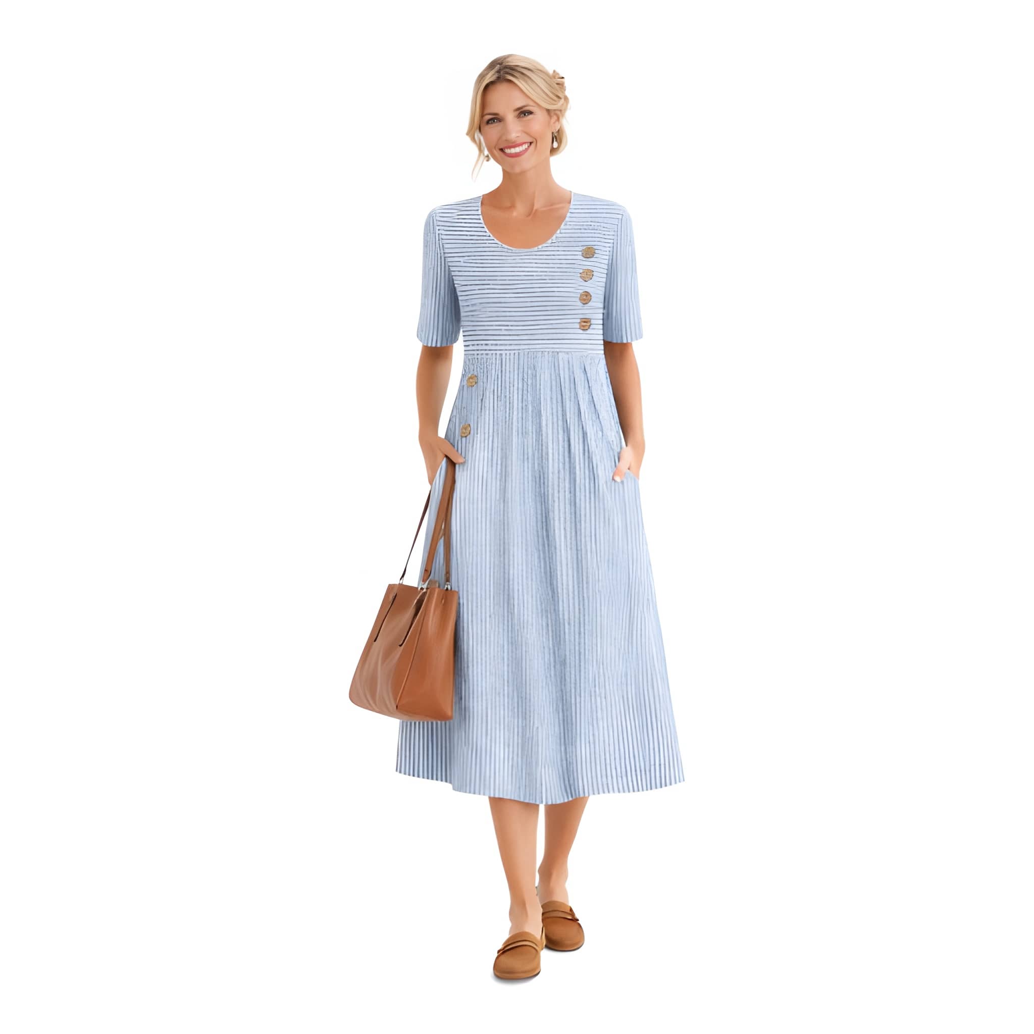 NOVA | Striped Midi Dress – Button Detail & Pockets