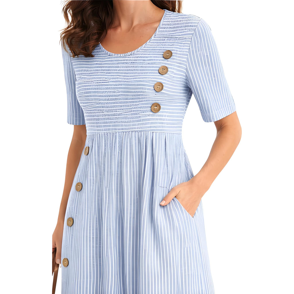 NOVA | Striped Midi Dress – Button Detail & Pockets