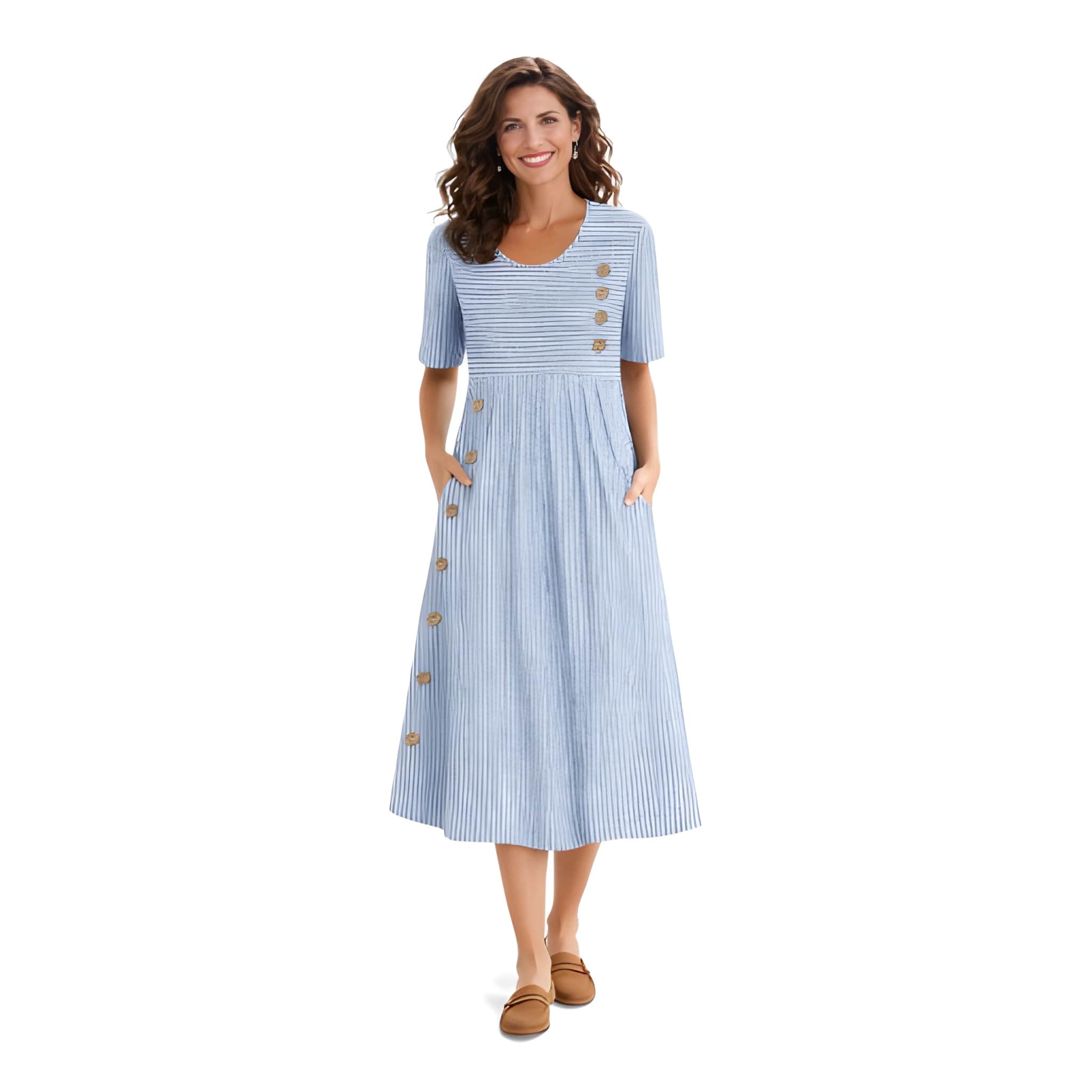 NOVA | Striped Midi Dress – Button Detail & Pockets