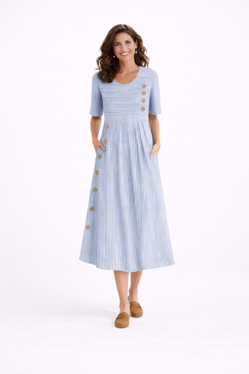 NOVA | Striped Midi Dress – Button Detail & Pockets