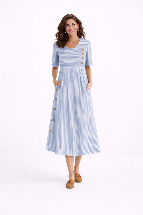 NOVA | Striped Midi Dress – Button Detail & Pockets