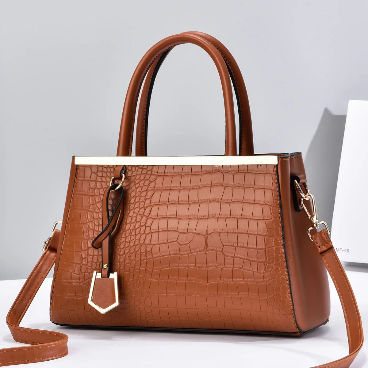 Structured Handbag with Croc-Embossed Leather Silhouette and Hardware - Image 1