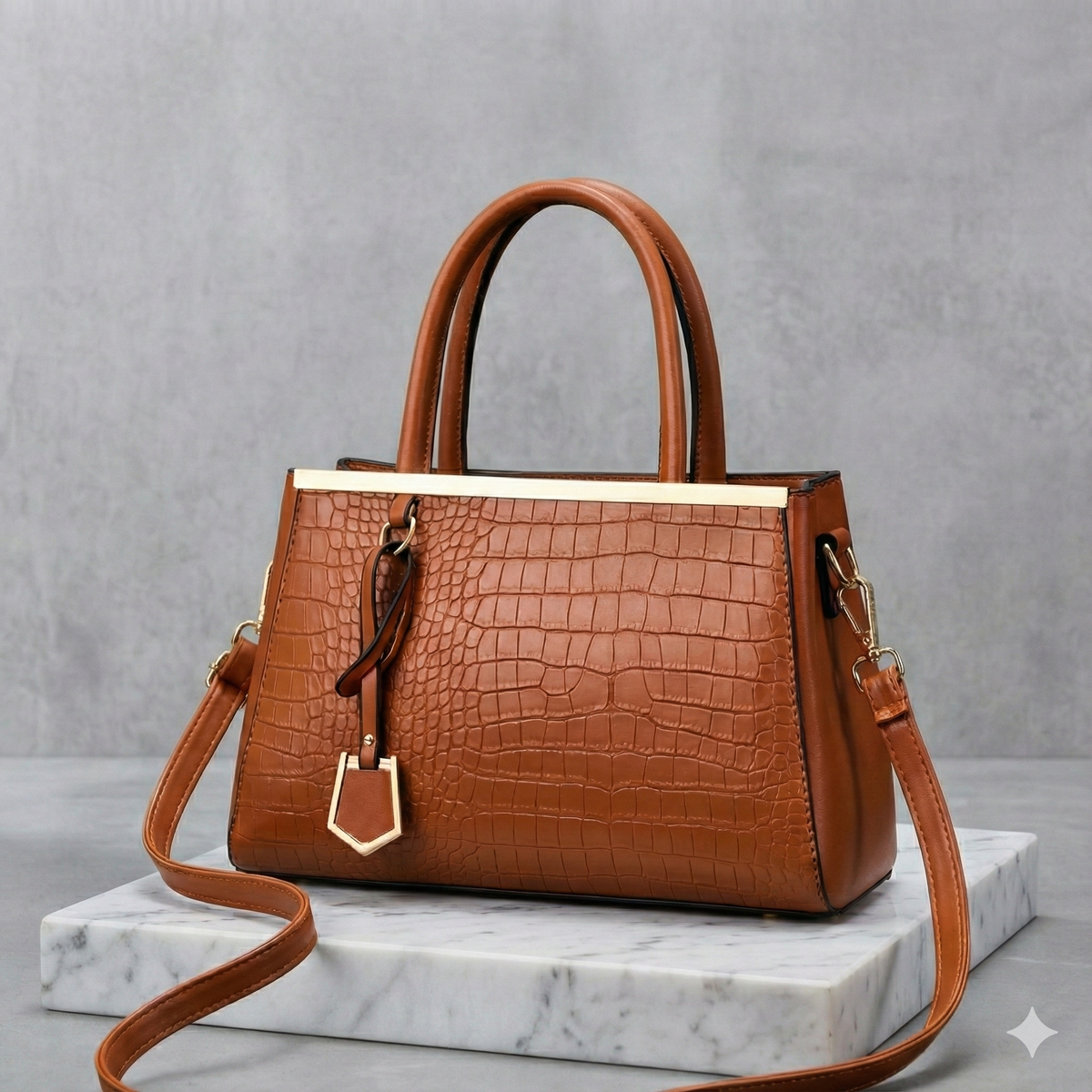 Structured Handbag with Croc-Embossed Leather Silhouette and Hardware - Image 2