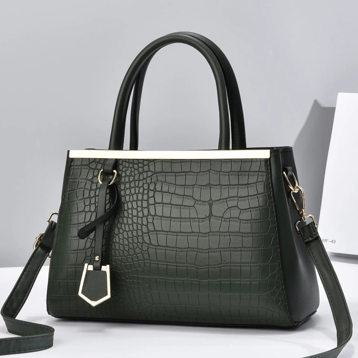 Structured Handbag with Croc-Embossed Leather Silhouette and Hardware - Image 3