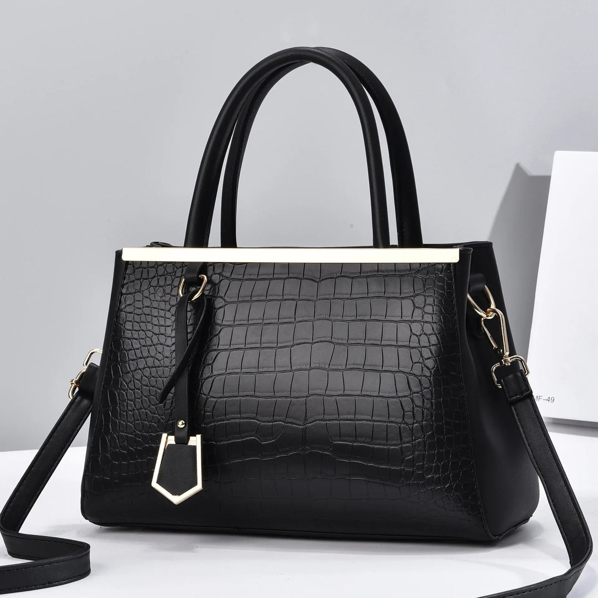 Structured Handbag with Croc-Embossed Leather Silhouette and Hardware - Image 6