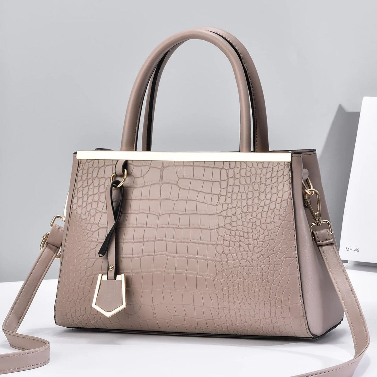 Structured Handbag with Croc-Embossed Leather Silhouette and Hardware - Image 7