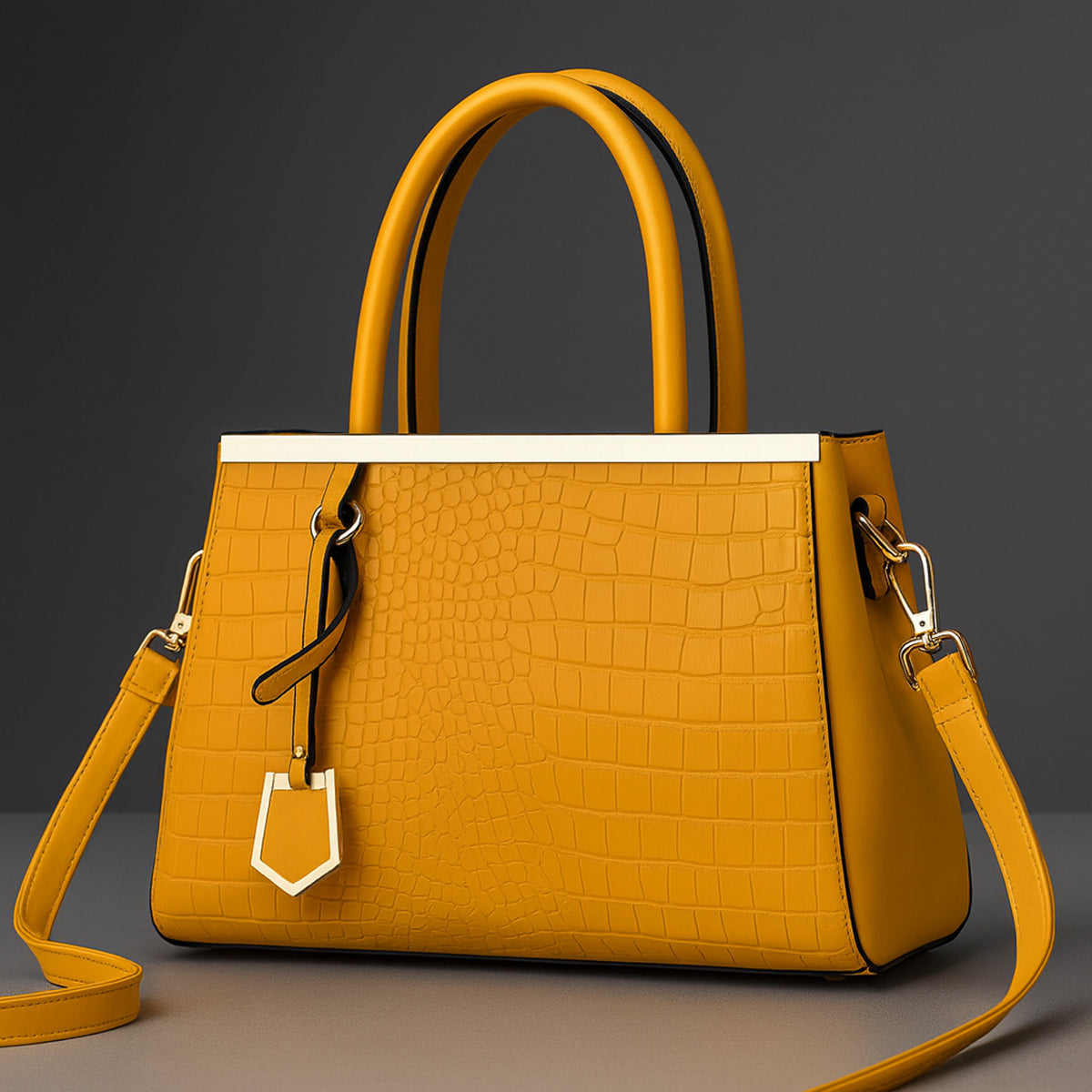 Structured Handbag with Croc-Embossed Leather Silhouette and Hardware - Image 5