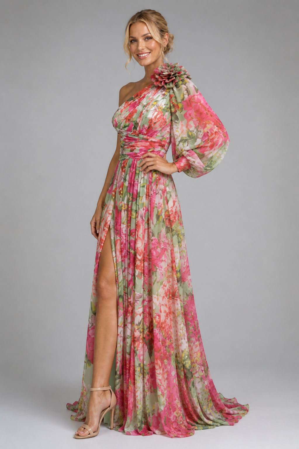 NOVA | Robe maxi fleurie à une épaule pour femmes – Robe maxi fluide de printemps