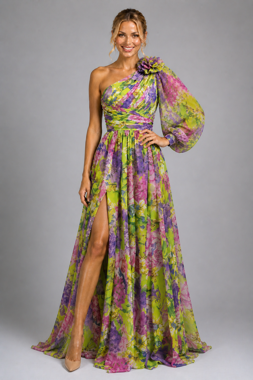NOVA | Robe maxi fleurie à une épaule pour femmes – Robe maxi fluide de printemps