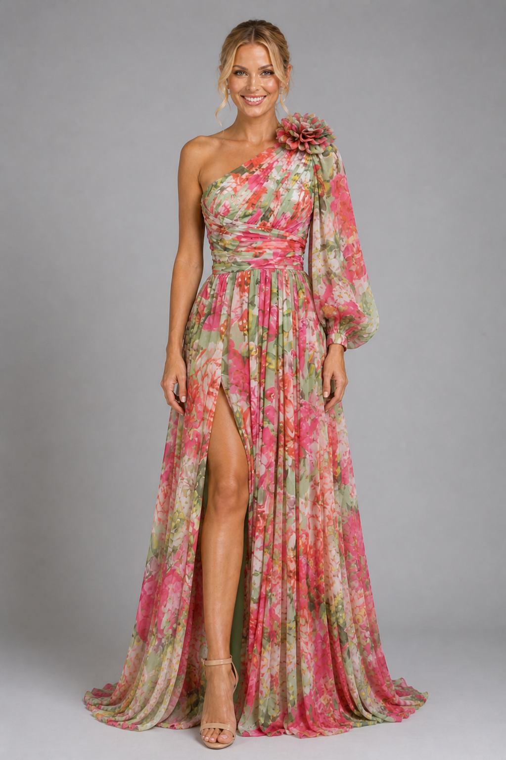 NOVA | Robe maxi fleurie à une épaule pour femmes – Robe maxi fluide de printemps