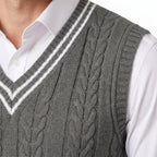 Sweater Vest Cable Knit V-Neck Sleeveless Classic Pullover Design - detail