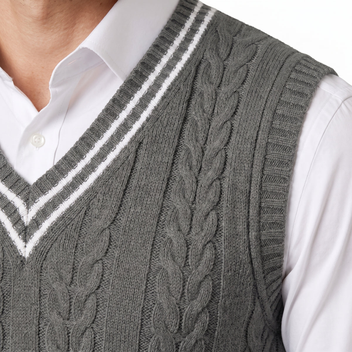 Sweater Vest Cable Knit V-Neck Sleeveless Classic Pullover Design - detail