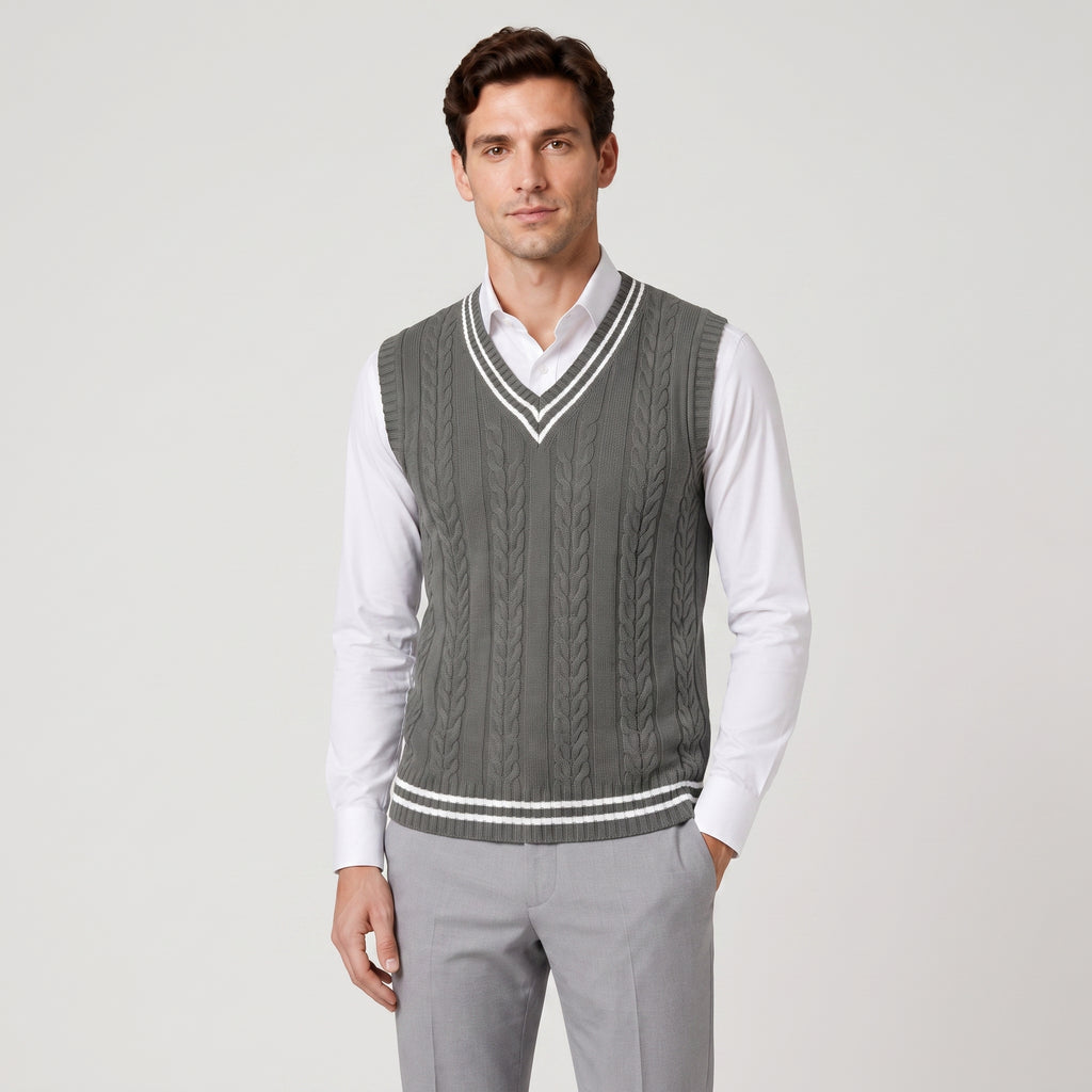 Sweater Vest Cable Knit V-Neck Sleeveless Classic Pullover Design - hero