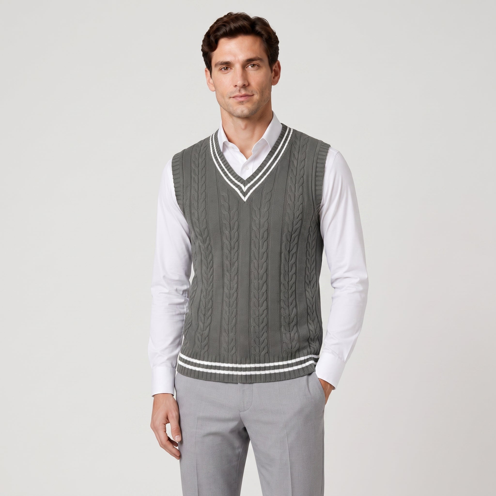 Sweater Vest Cable Knit V-Neck Sleeveless Classic Pullover Design - hero