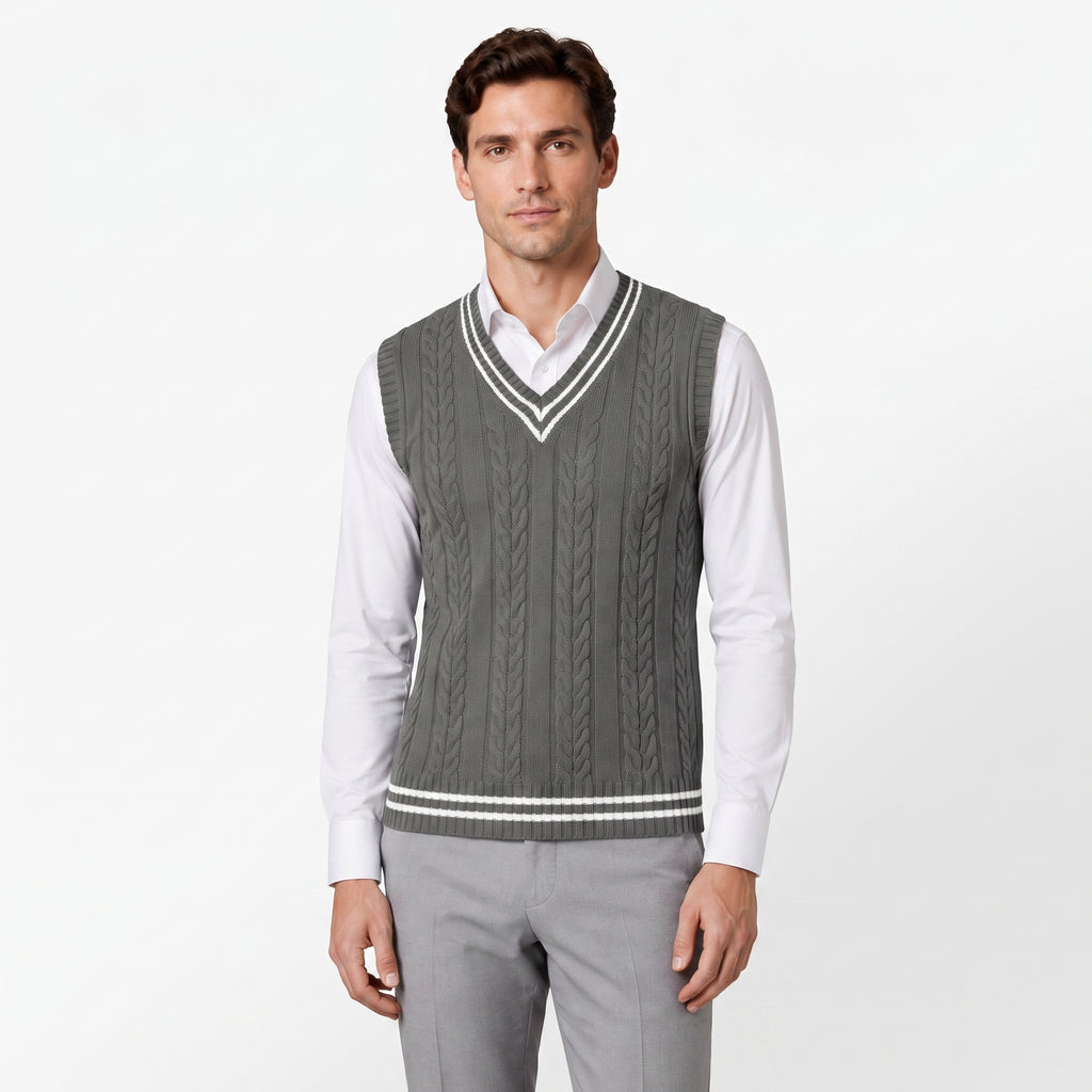 Sweater Vest Cable Knit V-Neck Sleeveless Classic Pullover Design - studio
